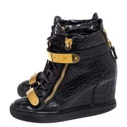 Pre Owned Giuseppe Zanotti Black Croc Embossed Leather Sneakers Size 36.5