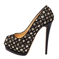 Pre Owned Giuseppe Zanotti Black Sharon Glitter And Lace Liza Peep Toe Platform Pumps Size 38