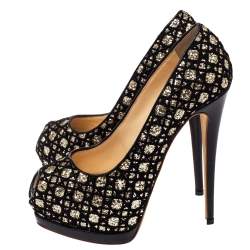 Pre Owned Giuseppe Zanotti Black Sharon Glitter And Lace Liza Peep Toe Platform Pumps Size 38