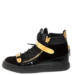 Giuseppe Zanotti Black/Gold Velvet And Leather Coby High Top Sneakers Size 38