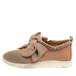 Pre Owned Giuseppe Zanotti Pink Mesh And Leather Crystal Embellished Bow Sneakers Size 40.5