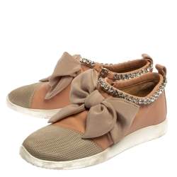 Pre Owned Giuseppe Zanotti Pink Mesh And Leather Crystal Embellished Bow Sneakers Size 40.5