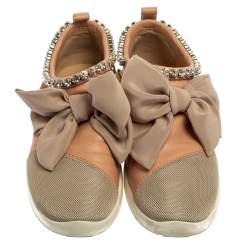 Pre Owned Giuseppe Zanotti Pink Mesh And Leather Crystal Embellished Bow Sneakers Size 40.5