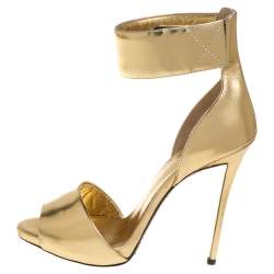 Pre Owned Giuseppe Zanotti Gold Leather Open Toe Ankle Cuff Sandals Size 37