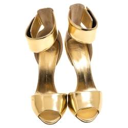 Pre Owned Giuseppe Zanotti Gold Leather Open Toe Ankle Cuff Sandals Size 37