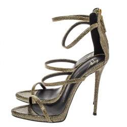 Pre Owned Giuseppe Zanotti Black/Gold Glitter Fabric Harmony Strap Sandals Size 40