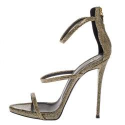Pre Owned Giuseppe Zanotti Black/Gold Glitter Fabric Harmony Strap Sandals Size 40