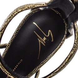 Pre Owned Giuseppe Zanotti Black/Gold Glitter Fabric Harmony Strap Sandals Size 40