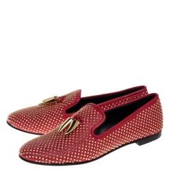 Pre Owned Giuseppe Zanotti Red Leather Studded Horn Detail Loafers Size 39