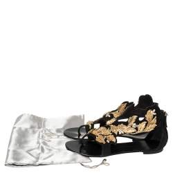 مملوكة مسبقًا Giuseppe Zanotti Black/Gold Suede Metal Leaf Embellished Flat Sandals Size 39