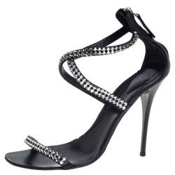 Pre Owned Giuseppe Zanotti Black Leather Crystal Embellished Sandals Size 37
