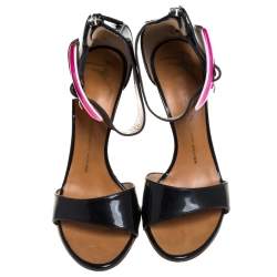 Pre Owned صندل جوسيبي زانوتي جلد لامع وردي/أسود سير كاحل مقدمة مفتوحة مقاس 38.5