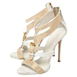 Giuseppe Zanotti White Leather Gold Strass Buckle Sandals Size 37