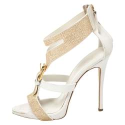 Giuseppe Zanotti White Leather Gold Strass Buckle Sandals Size 37