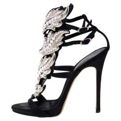 Giuseppe Zanotti Black Leather And Satin Crystal Embellished Coline Wings Sandals Size 36.5