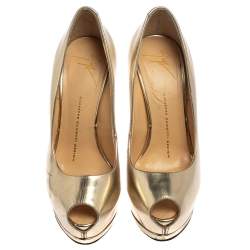 Giuseppe Zanotti Metallic Gold Leather Peep Toe Platform Pumps Size 36.5