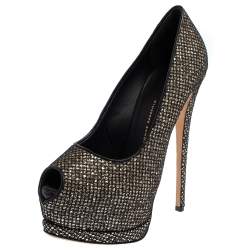 مملوكة مسبقًا حذاء كعب عالي جوسيبي زانوتي شارون شبك و غليتر أسود و ذهبي مقاس 38.5