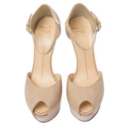 Giuseppe Zanoti Beige Patent Leather Peep Toe Platform Wedge Ankle Strap Sandals Size 37
