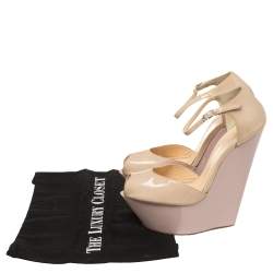 Giuseppe Zanoti Beige Patent Leather Peep Toe Platform Wedge Ankle Strap Sandals Size 37