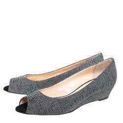 Pre Owned Giuseppe Zanotti Metallic Grey Glitter Fabric Wedge Peep Toe Pumps Size 39.5