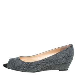 Pre Owned Giuseppe Zanotti Metallic Grey Glitter Fabric Wedge Peep Toe Pumps Size 39.5