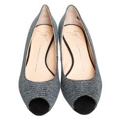 Pre Owned Giuseppe Zanotti Metallic Grey Glitter Fabric Wedge Peep Toe Pumps Size 39.5