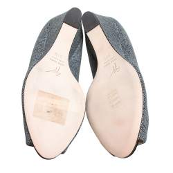 Pre Owned Giuseppe Zanotti Metallic Grey Glitter Fabric Wedge Peep Toe Pumps Size 39.5