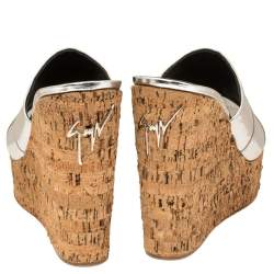 Giuseppe Zanotti Metallic Silver Leather Roz Cork Wedge Platform Slide Sandals Size 40