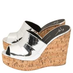 Giuseppe Zanotti Metallic Silver Leather Roz Cork Wedge Platform Slide Sandals Size 40