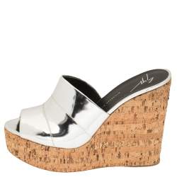 Giuseppe Zanotti Metallic Silver Leather Roz Cork Wedge Platform Slide Sandals Size 40