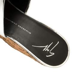 Giuseppe Zanotti Metallic Silver Leather Roz Cork Wedge Platform Slide Sandals Size 40