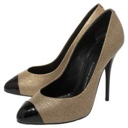Giuseppe Zanotti Metallic Beige Leather And Patent Leather Cap Toe Pumps Size 37.5