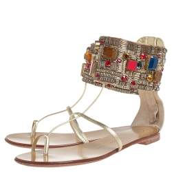 Pre Owned Giuseppe Zanotti Gold Leather Crystal Embellished Ankle Cuff Flat Sandals Size 36