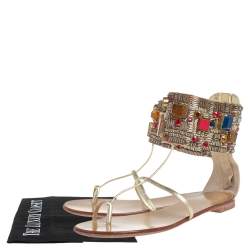 Pre Owned Giuseppe Zanotti Gold Leather Crystal Embellished Ankle Cuff Flat Sandals Size 36