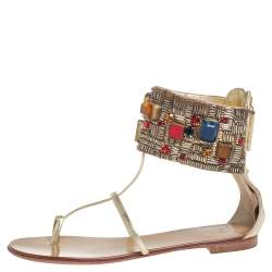 Pre Owned Giuseppe Zanotti Gold Leather Crystal Embellished Ankle Cuff Flat Sandals Size 36
