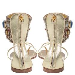 Pre Owned Giuseppe Zanotti Gold Leather Crystal Embellished Ankle Cuff Flat Sandals Size 36