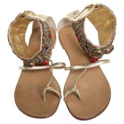 Pre Owned Giuseppe Zanotti Gold Leather Crystal Embellished Ankle Cuff Flat Sandals Size 36