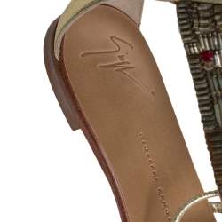 Pre Owned Giuseppe Zanotti Gold Leather Crystal Embellished Ankle Cuff Flat Sandals Size 36
