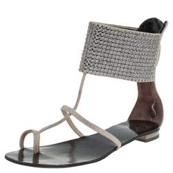 Giuseppe Zanotti Grey Suede Embellished Flat Ankle Cuff Sandals