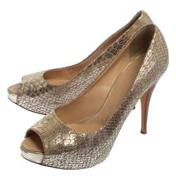Giuseppe Zanotti Metallic Gold Python Embossed Leather Peep Toe Platform Pumps Size 39.5