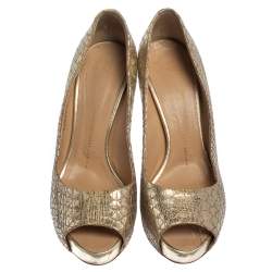 Giuseppe Zanotti Metallic Gold Python Embossed Leather Peep Toe Platform Pumps Size 39.5