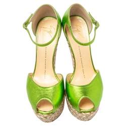 Pre Owned Giuseppe Zanotti Metallic Green Leather Wedge Platform Ankle Strap Espadrilles Size 37