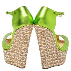 Pre Owned Giuseppe Zanotti Metallic Green Leather Wedge Platform Ankle Strap Espadrilles Size 37