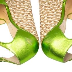Pre Owned Giuseppe Zanotti Metallic Green Leather Wedge Platform Ankle Strap Espadrilles Size 37