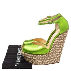 Pre Owned Giuseppe Zanotti Metallic Green Leather Wedge Platform Ankle Strap Espadrilles Size 37