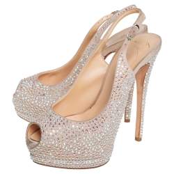 Pre Owned حذاء كعب عالي جوسيبي زانوتي نعل سميك مقدمة مفتوحة ليزا مزخرف كريستال سويدي بيج مقاس 37.5