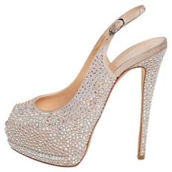 Pre Owned حذاء كعب عالي جوسيبي زانوتي نعل سميك مقدمة مفتوحة ليزا مزخرف كريستال سويدي بيج مقاس 37.5