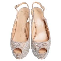 Pre Owned حذاء كعب عالي جوسيبي زانوتي نعل سميك مقدمة مفتوحة ليزا مزخرف كريستال سويدي بيج مقاس 37.5