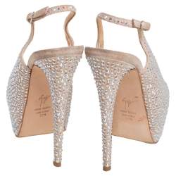 Pre Owned حذاء كعب عالي جوسيبي زانوتي نعل سميك مقدمة مفتوحة ليزا مزخرف كريستال سويدي بيج مقاس 37.5