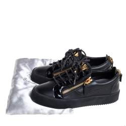 Pre Owned Giuseppe Zanotti Black Leather And Patent Leather Double Zipper Low Top Sneakers Size 36